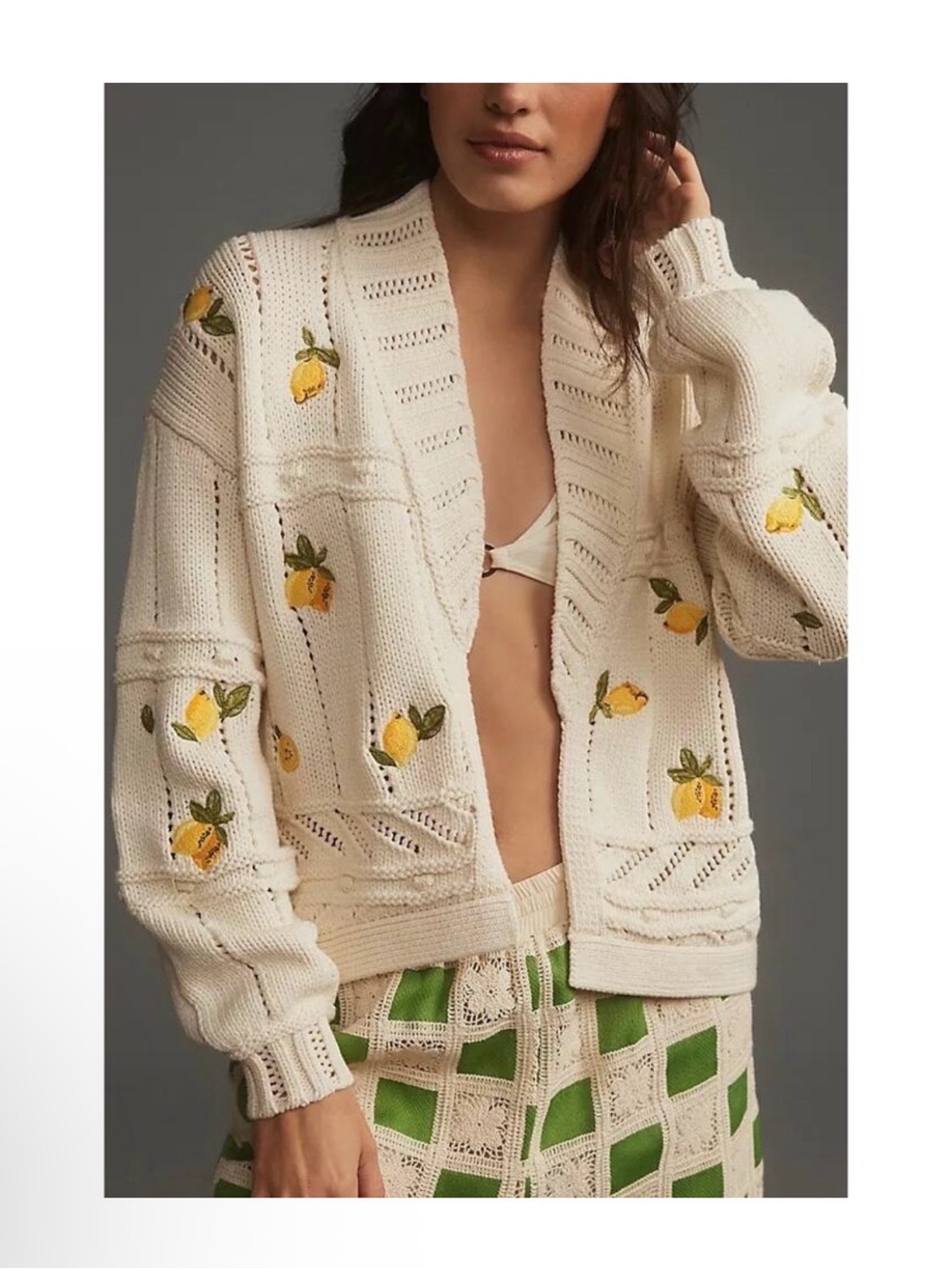 Maeve Lemon Embroidered Chunky Knit Open Sweater White Cream Women's Size XL
